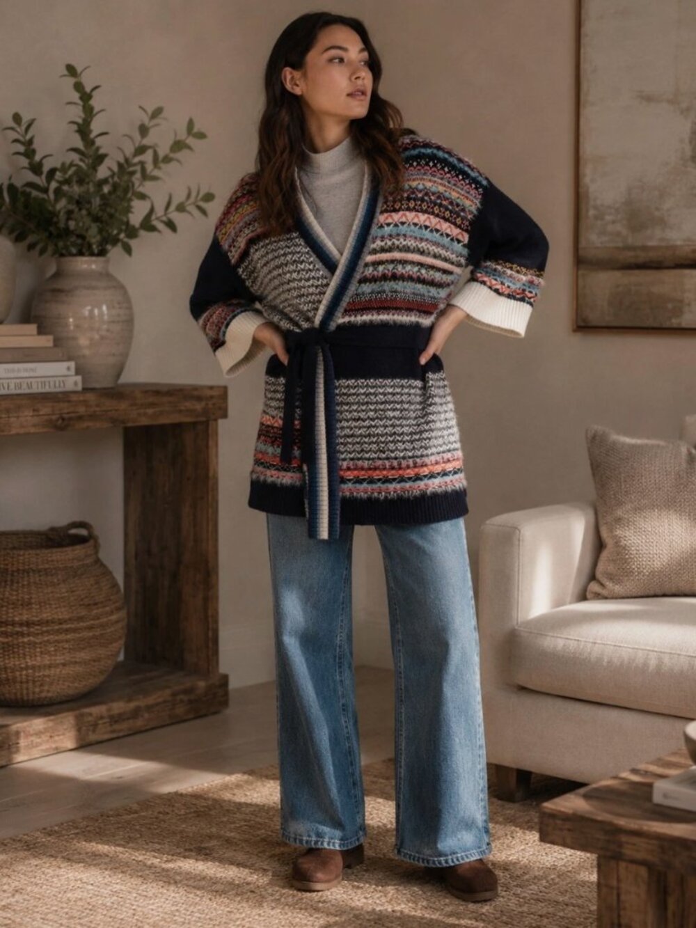 ANTHROPOLOGIE SLEEPING ON SNOW Fair Isle Kimono Wrap Cardigan Sweater M 8 10
